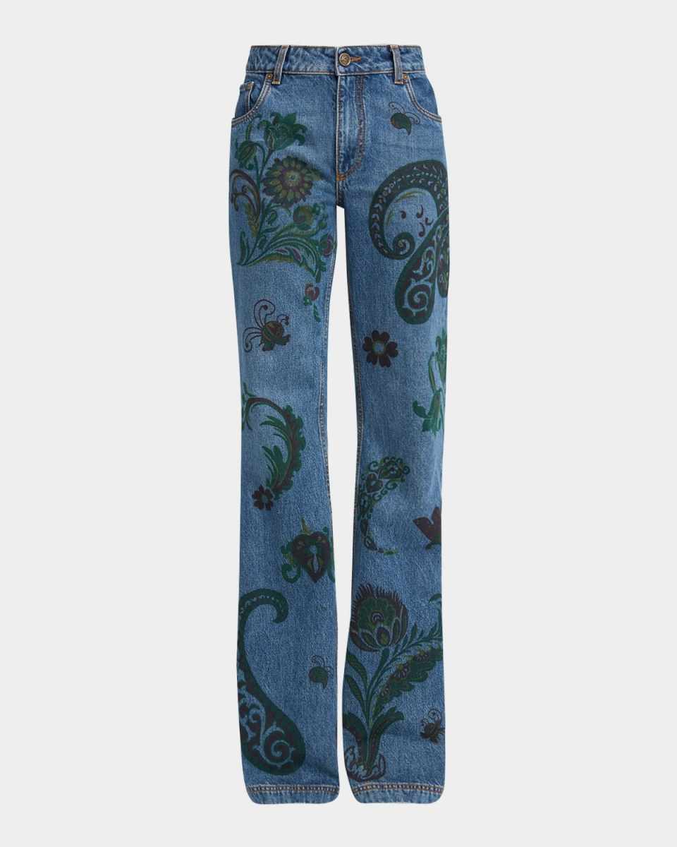 Flower and Bee Printed Flare Jeans